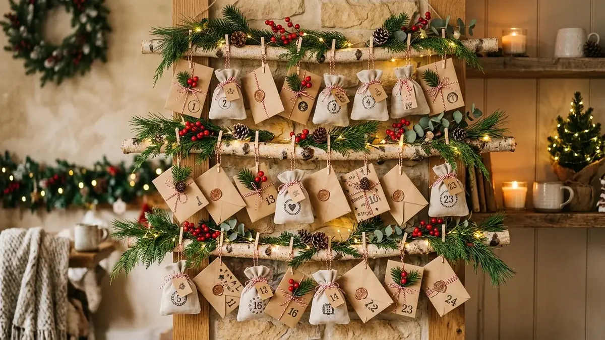 Handcrafted rustic homemade Advent calendar hanging on birch branches with 24 numbered parcels
