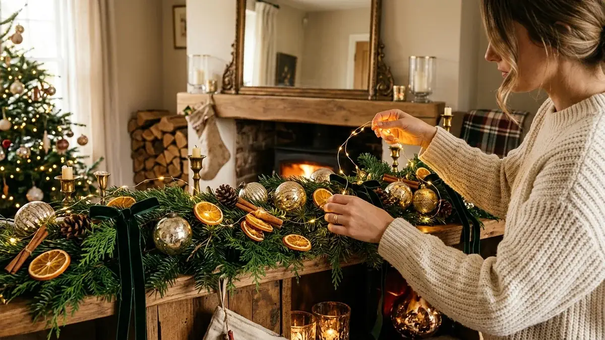 Festive holiday home interior being decorated with evergreen pine garlands, fairy lights, and dried citrus
