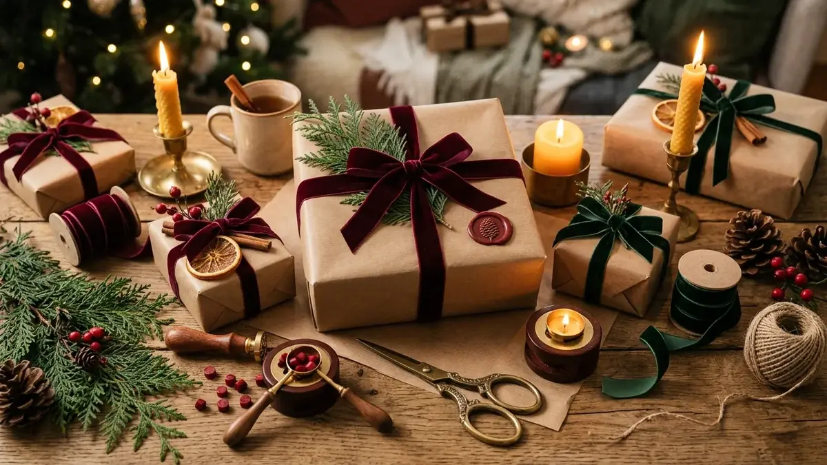 Artisan gift wrapping flatlay with kraft paper, velvet ribbons, pine sprigs, and wax seals