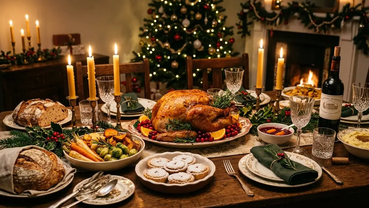 Traditional Christmas dinner table feast with golden roast turkey, roasted vegetables, and warm candlelight