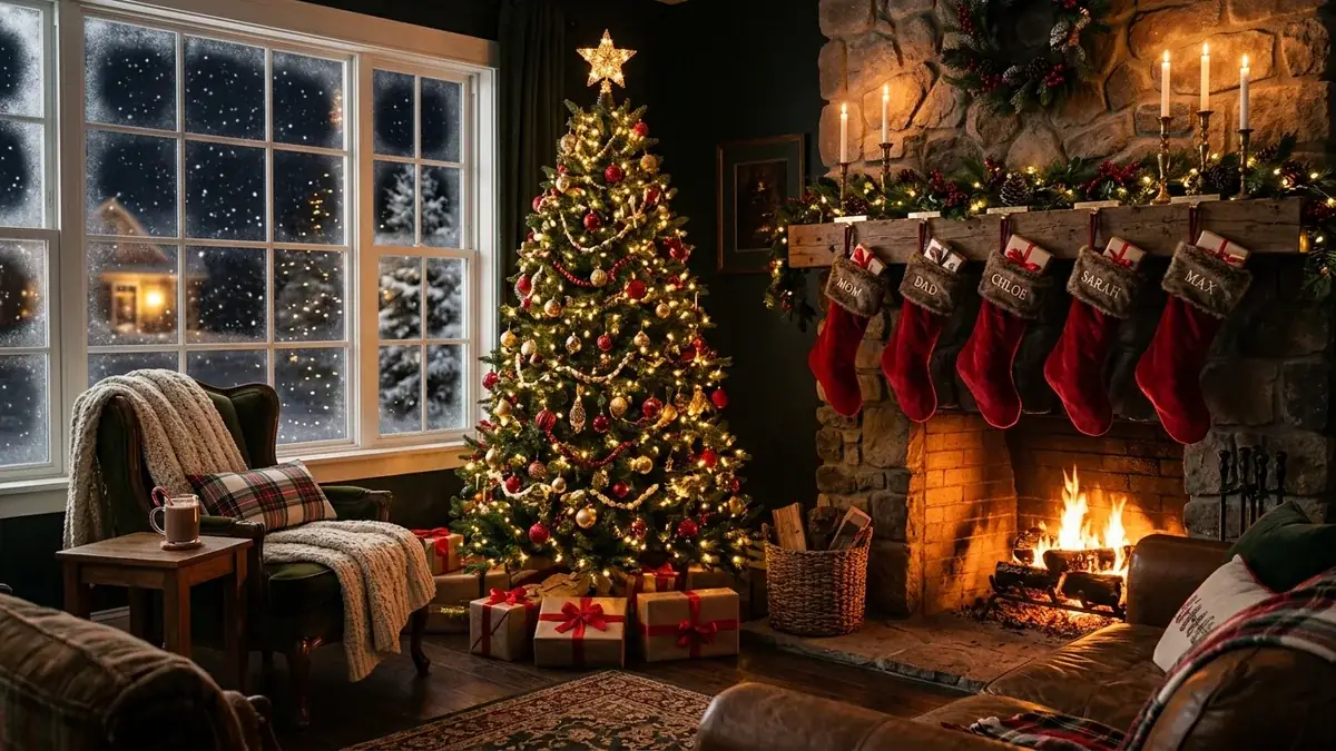Atmospheric Christmas Eve living room with illuminated pine tree, fireplace stockings, and candlelight